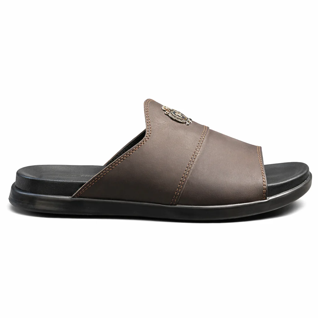 Premium Brown Leather Slides for Men  Luxury Crest Edition-0013 - Image 3